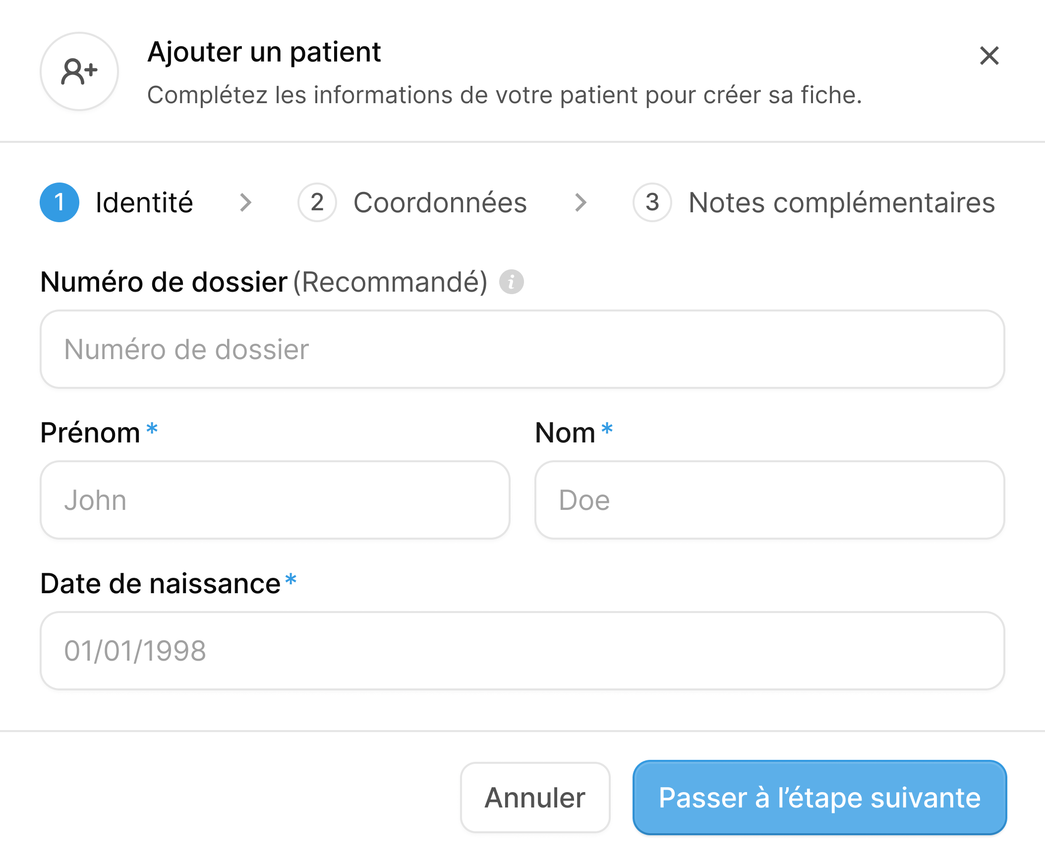 Créez la fiche de votre patient